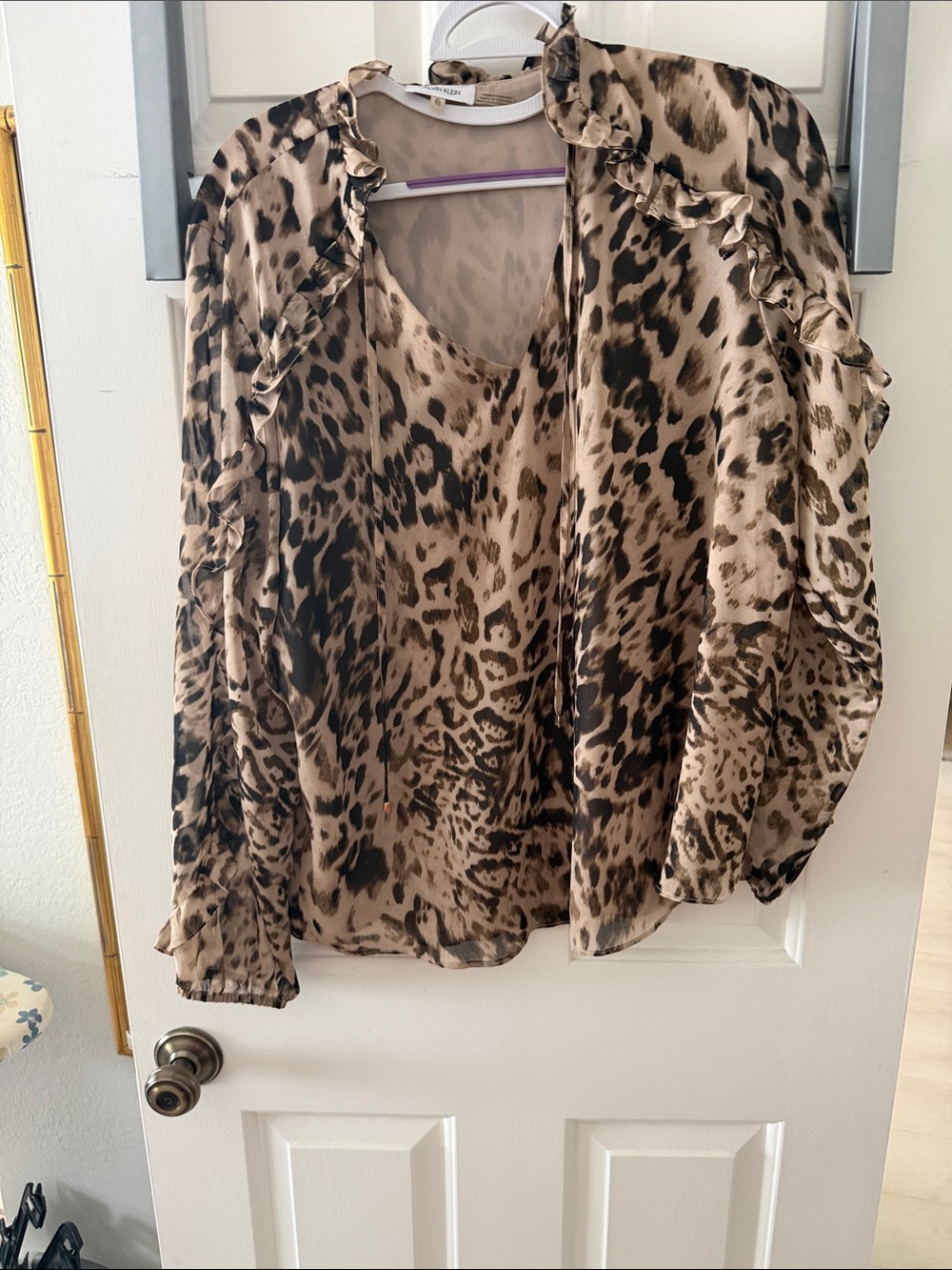 Calvin Klein Beige & Black Leopard Ruffle V-Neck Blouse